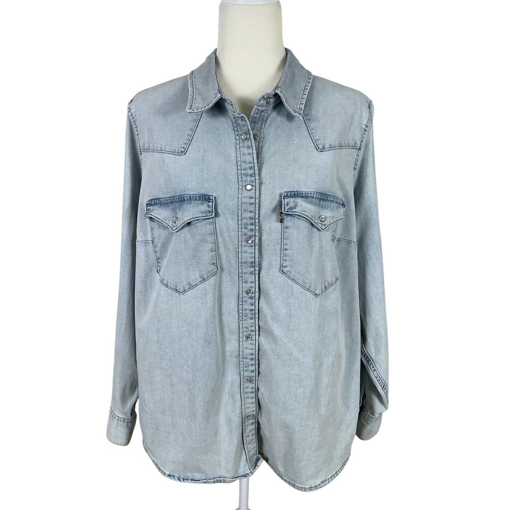 Levi's Ultimate Western Denim Shirt Pearl Snap Light Blue Sz 1X Americana Retro